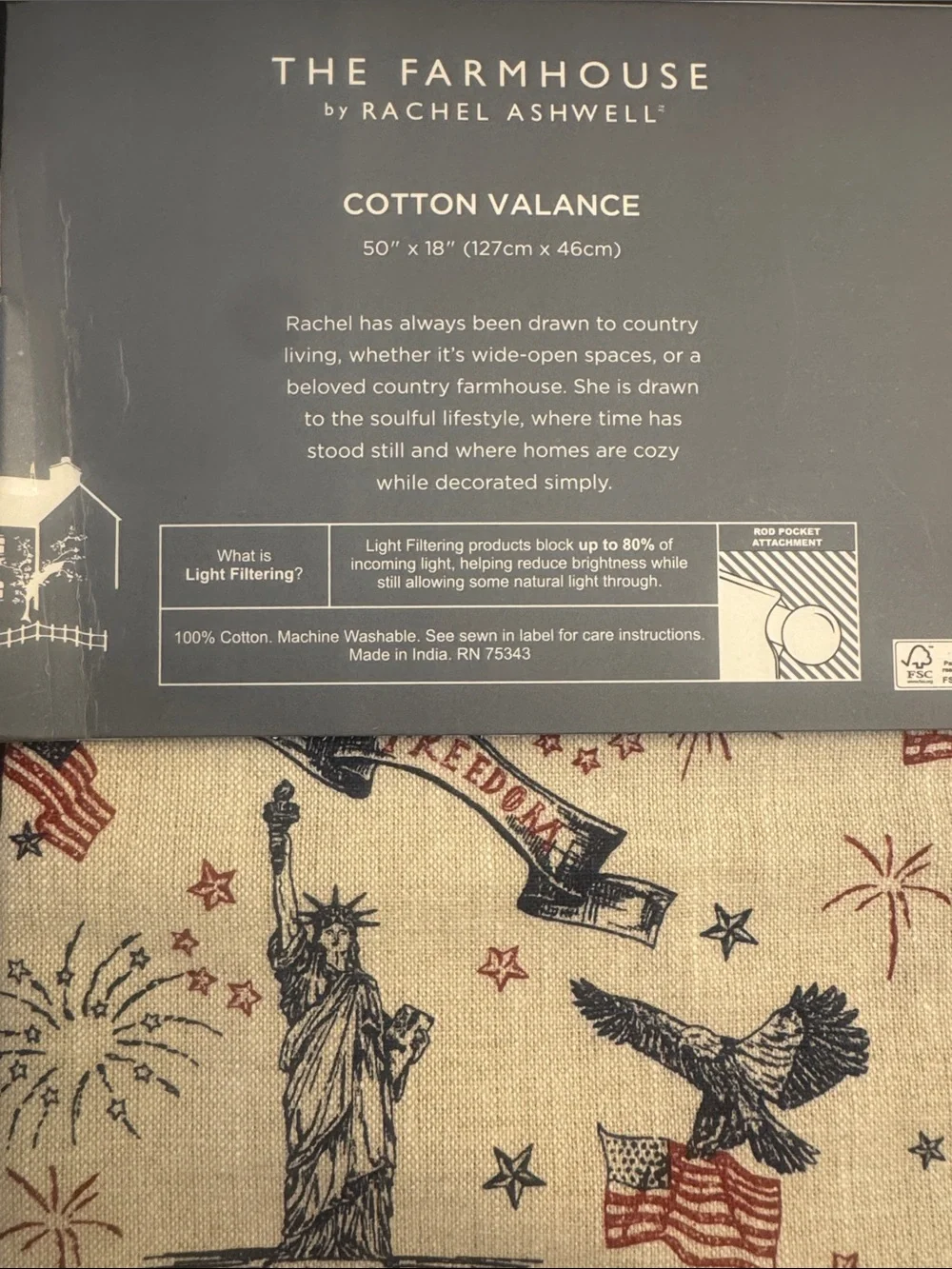 💥THE FARMHOUSE by Rachel Ashwell Patriotic Cotton Valance -Light Filtering